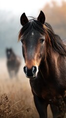 Majestic horse gazing into the distance during a foggy morning in a serene pasture