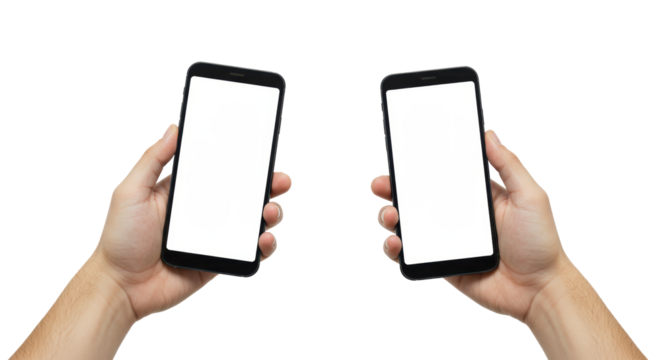 Two well-groomed adult hands holding sleek black smartphones with blank white screens on a transparent studio background, high-key studio lighting. Concept of digital innovation and potential