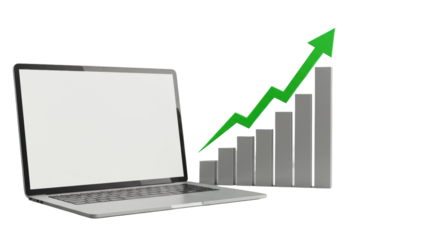 Sleek, modern silver laptop with pristine blank screen & abstract 3D data visualization with vibrant green arrow, in minimalist high-key studio with copy space. Concept of digital transformation and