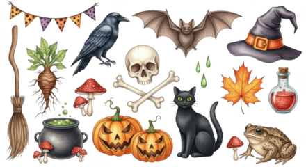 A collection of halloweenthemed illustrations including pumpkins, a black cat, a witchs hat, and a broomstick isolated on transparent background