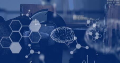 Grinding workpiece with gloved hand operating angle grinder on workbench, showing biotech overlays