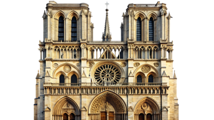 Notre Dame Cathedral Facade Gothic Architecture Paris France on Black Background graphic design isolated on a transparent background