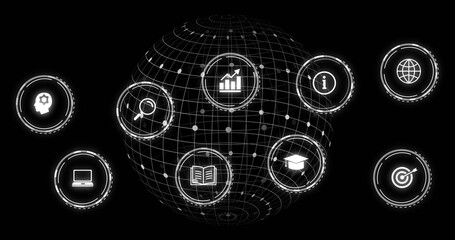 Floating wireframe globe showcasing bar chart, book, graduation cap and info icons in background