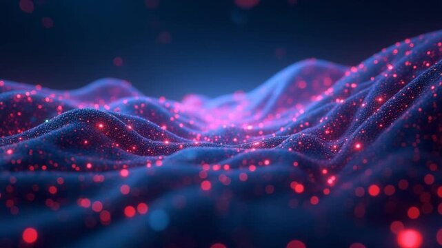 Abstract scene of futuristic cyber world, sci-fi grid and plexus, big data and particle flows, technological glowing surface, neon night scene, digital science background 4K animation