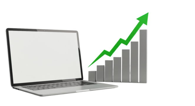 Sleek, modern silver laptop with pristine blank screen & abstract 3D data visualization with vibrant green arrow, in minimalist high-key studio with copy space. Concept of digital transformation and