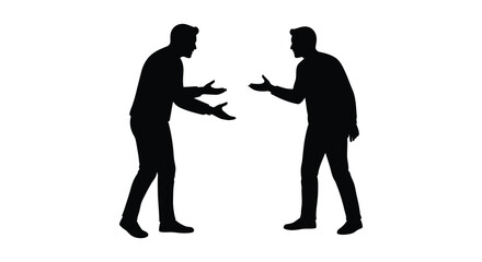Two men standing and talking to each other in silhouette