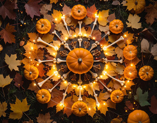 Autumn Halloween Mandala with Pumpkins and Bones