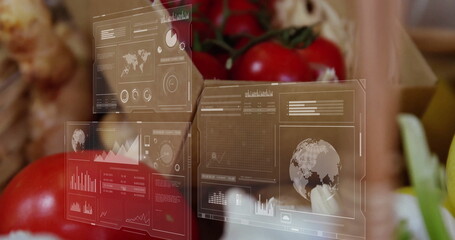 Floating interface panels showing charts over wooden crates at farm stall, with tomatoes and garlic