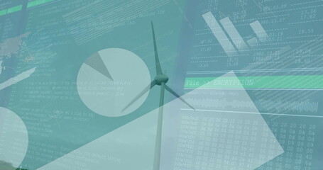 Rotating wind turbine rising into green sky showing code, hex, pie chart, bar graphs, encryption