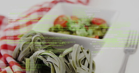 Showcasing tagliatelle nests on checkered cloth on table, cherry tomatoes, code overlay, copy space