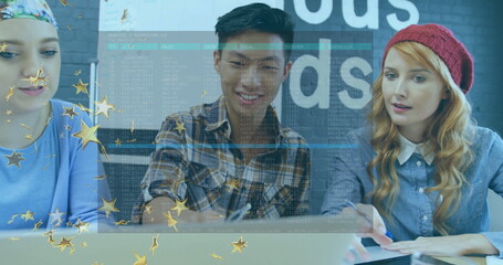 Software team examining code on laptop at office meeting, with notebooks, pens, gold star overlay