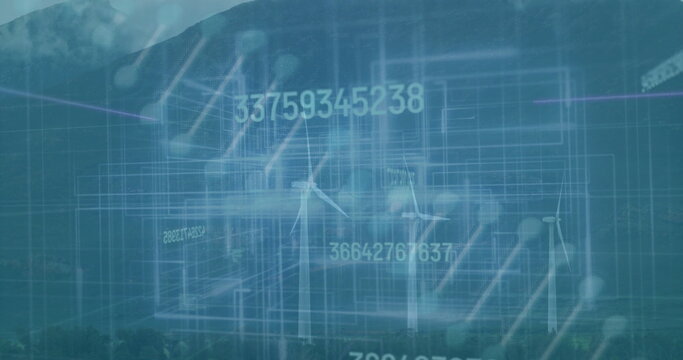 Fototapeta Displaying wind turbines across mountain valley, with blueprint grid and floating numeric strings