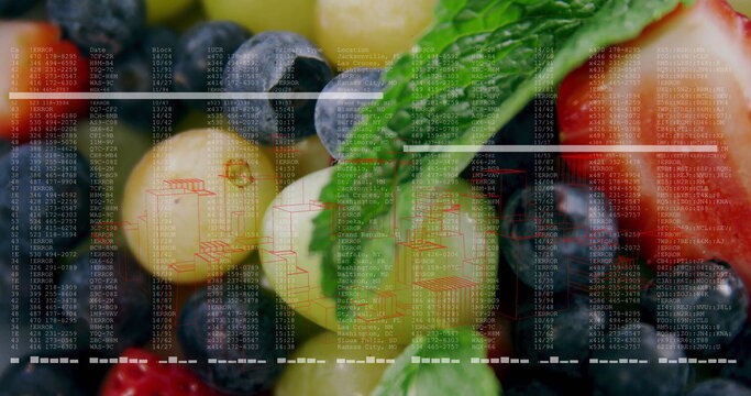 Fototapeta Showcasing green grapes blueberries strawberries and mint leaves in studio showing data overlays