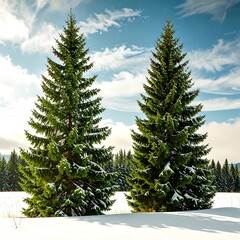 Obraz premium Two tall evergreen trees stand majestically in a snowy landscape, bathed in sunlight, against a backdrop of a winter forest.
