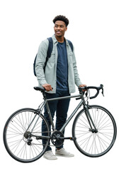 Obraz premium a young adult in modern casual wear stands confidently beside a sleek commuter bicycle on a clean urban sidewalk, blurred city backdrop, bright overcast daylight, concept of modern urban convenience