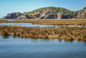 Flowage of River Dalyan near famous Iztuzu Beach in Mugla Province of Turkey