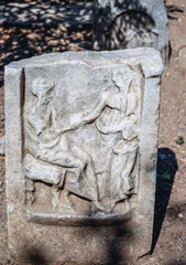 Old grave stone in Bodrum fortress historical fortification located in the port city of Bodrum, Turkey