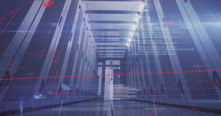 Displaying digital overlay visuals scanning server room corridor, with tall racks and LED lights