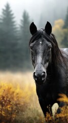 Majestic black horse stands in golden grass with misty forest background during a serene autumn morning