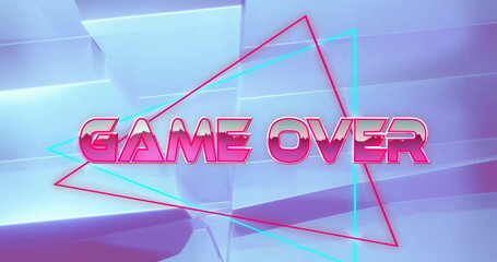 Floating neon GAME OVER text hovering over 3D panels, with pink and cyan neon triangle outlines