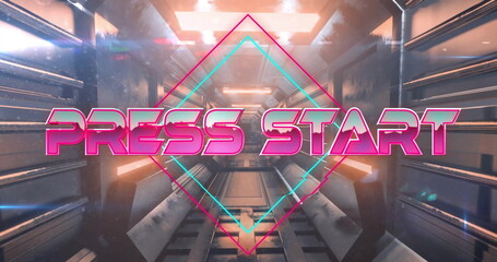 Glowing neon text 'PRESS START' floating in space tunnel with diamond frame, floor grate and lights