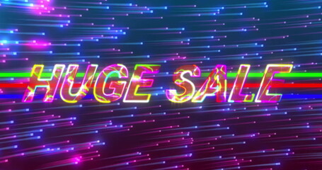 Glitching glowing neon text HUGE SALE pulsing across dark digital canvas, with colorful streaks