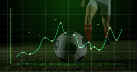 Resting soccer ball showing grid and line graph metrics on floodlit pitch, with player legs nearby
