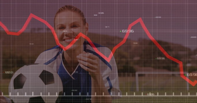 Crouching goalkeeper defending on pitch with soccer ball, goal frame, grid overlay, red line graph - Powered by Adobe