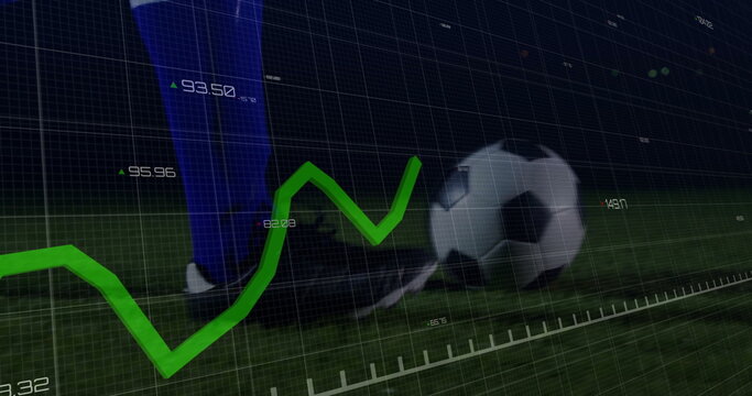 Showing soccer cleat beside ball on turf with green trend line and grid overlay, dark background
