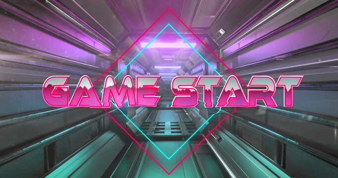 Glowing neon pink 'GAME START' with diamond outline shining in spaceship corridor, with metal walls
