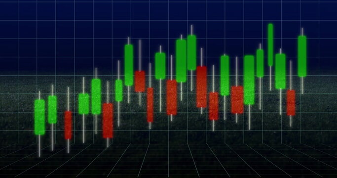 Displaying 3D candlestick chart floating above floor grid in trading app, with green and red bars - Powered by Adobe