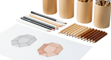 A collection of artist pencils and drawing tools are neatly arranged on white paper with geometric sketches isolated on transparent background