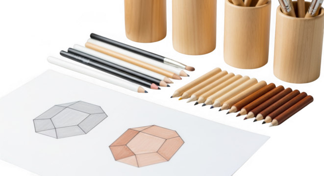A collection of artist pencils and drawing tools are neatly arranged on white paper with geometric sketches isolated on transparent background - Powered by Adobe
