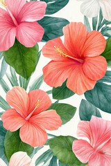 Watercolor painting featuring pink and orange hibiscus flowers and green leaves