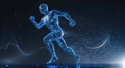 Digital human running with particles trails representing motion and speed