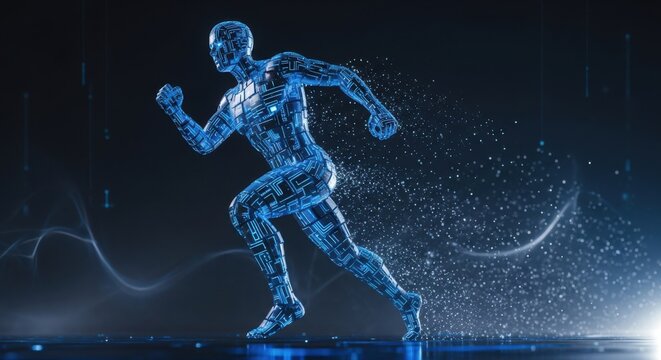 Digital human running with particles trails representing motion and speed
