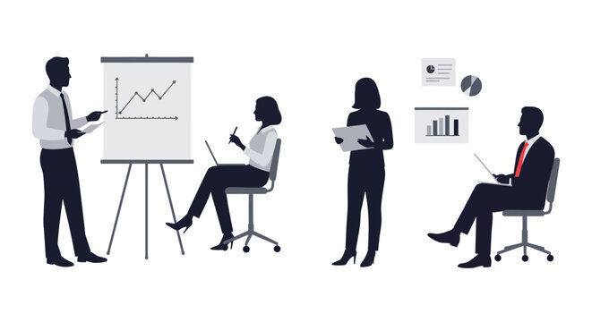 Business people discussing and analyzing data in a meeting room setting