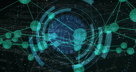 Displaying central circular HUD element spinning in cyberspace, with rings, nodes and code overlay