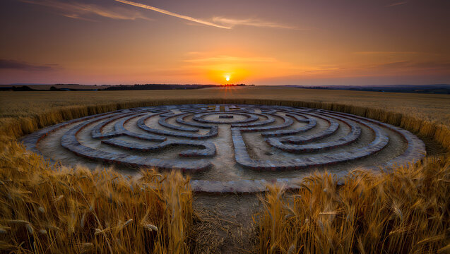 Aerial view of a crop circle in a wheat field at sunset with a golden sky