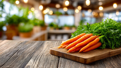 Fresh carrots on wood board. Vibrant, freshly harvested carrots rest on a rustic wooden board in a bright, inviting kitchen setting.