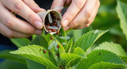 Closeup of hands releasing beneficial insects onto plants demonstrating biological pest control as part of a holistic integrated pest management system.