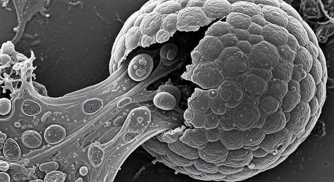 Scanning electron micrograph showing a fungal sporangium rupturing to release internal spores in a dramatic display of asexual reproduction