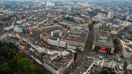 Fototapeta premium Aerial view around the downtown of the city Düsseldorf in Germany on a cloudy spring noon