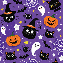 Cute Halloween pattern with black cats pumpkins and ghosts