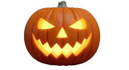 Fototapeta premium A glowing jackolantern with a carved spooky face sits on a transparent background, ready for halloween