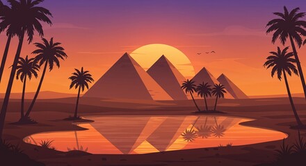 A vibrant sunset casts a warm glow over the iconic pyramids of Giza, reflected in a tranquil desert oasis surrounded by palm trees.