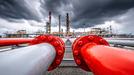 Pipes to refinery under dusk. Pipes in the foreground direct attention toward a refinery amidst an overcast sky, revealing an industrial landscape.