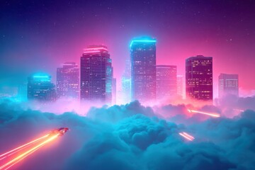 Futuristic city skyline with neon lights and clouds