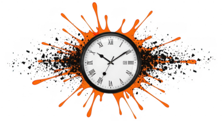 A clock with roman numerals explodes outwards with orange and black paint splatters isolated on transparent background