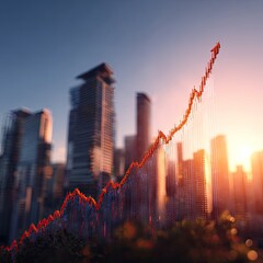 A graphic representation of a rising economic trend superimposed over a cityscape at sunrise.
